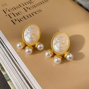 Gold and Pearl Cameo Earrings